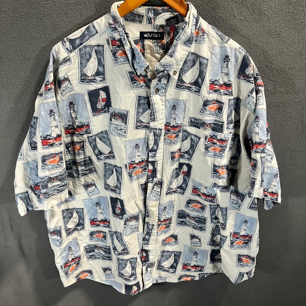 Puritan Mens 3XL Short Sleeve Button Down Shirt Nautical Lighthouse Sailboat